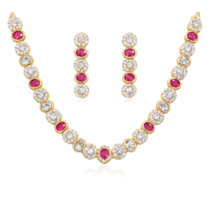 18K Yellow Gold Plated Ruby & White CZ Necklace Set for Women | Bridal Wedding Jewelry with Matching Earrings | Traditional Indian Jewelry
