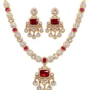 18K Yellow Gold Plated Ruby & White CZ Bridal Necklace Set for Women | Traditional Indian Wedding Jewelry with Matching Earrings