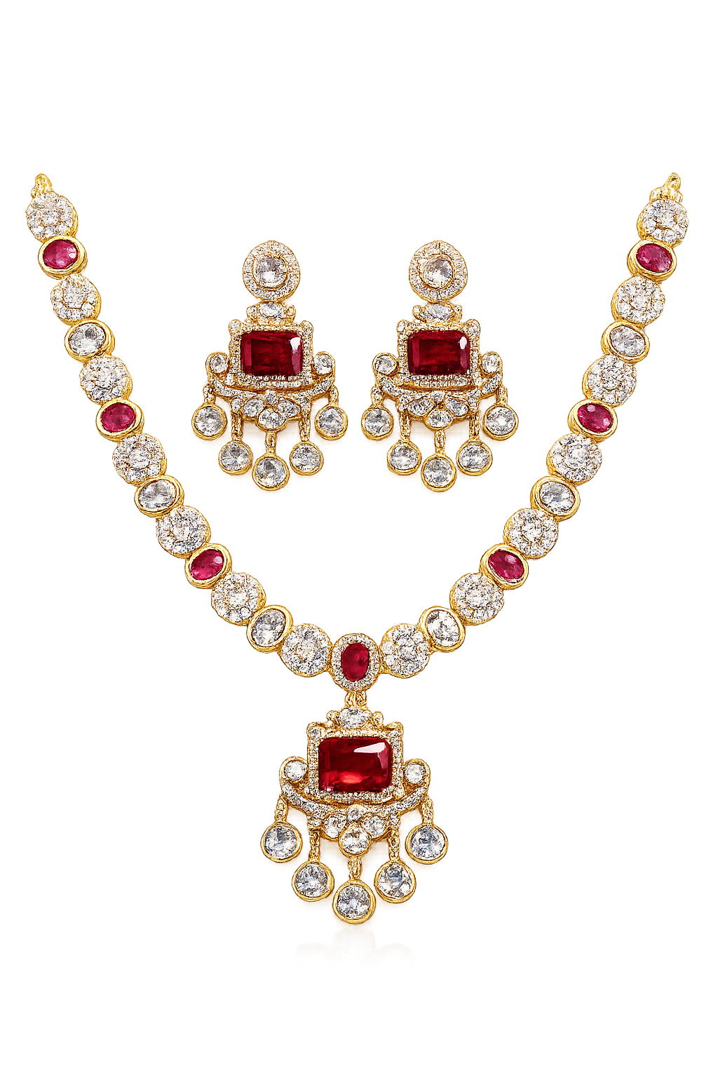 18K Yellow Gold Plated Ruby & White CZ Bridal Necklace Set for Women | Traditional Indian Wedding Jewelry with Matching Earrings