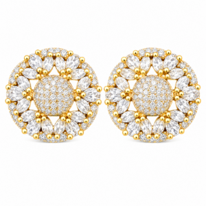 Round Cubic Zirconia Statement Earrings | Bridal & Party Wear Jewelry 18K Yellow Gold Plated Floral Halo CZ Stud Earrings for Women