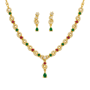 Gold-Plated CZ Necklace & Earrings Set with Ruby Green Stones | Traditional Indian Bridal Jewelry | Wedding & Party Wear