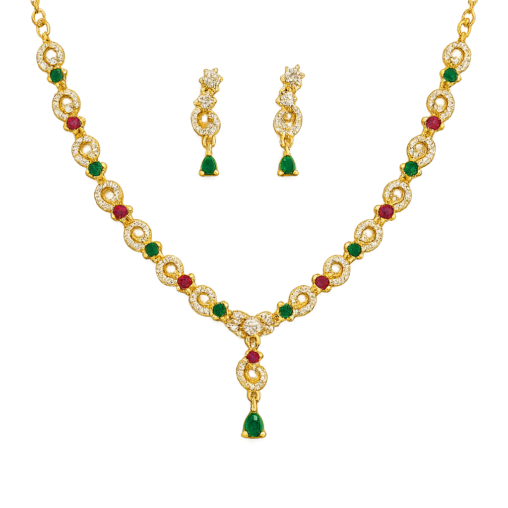 Gold-Plated CZ Necklace & Earrings Set with Ruby Green Stones | Traditional Indian Bridal Jewelry | Wedding & Party Wear