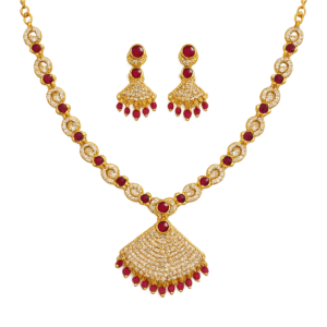 Gold-Plated Ruby Red CZ Bridal Necklace & Earrings Set | Traditional Indian Wedding Jewelry | Party Wear Necklace Set for Women