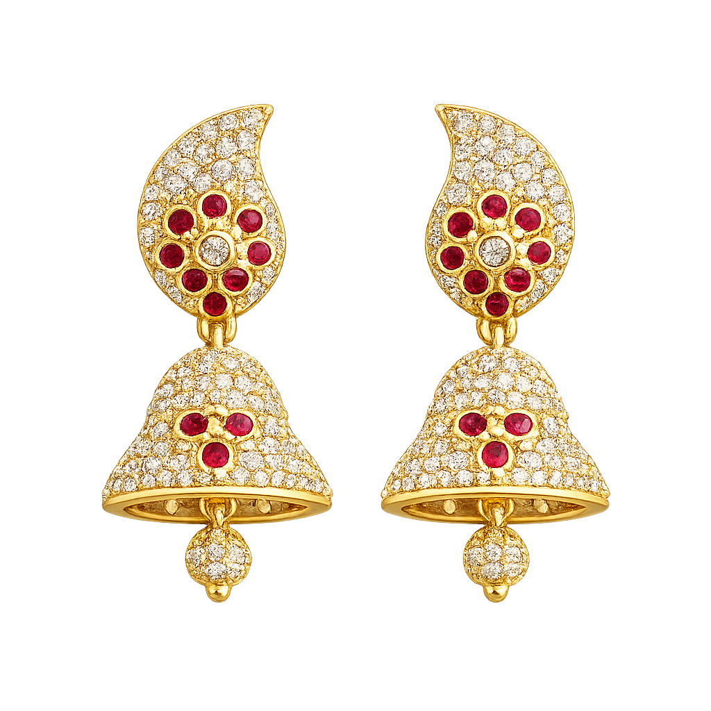 Gold Plated CZ & Ruby Jhumka Earrings for Women | Traditional Indian Floral Dangle Earrings | Bridal, Wedding & Festive Jewelry - Image 2