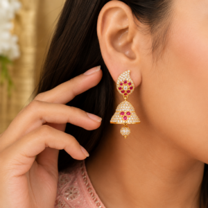Gold Plated CZ & Ruby Jhumka Earrings for Women | Traditional Indian Floral Dangle Earrings | Bridal, Wedding & Festive Jewelry