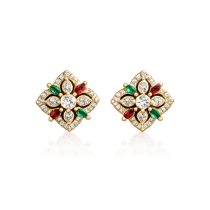Alnkar Gold-Plated Floral CZ Stud Earrings with Ruby & Emerald Stones | Traditional Indian Designer Earrings for Women | Bridal, Wedding & Festive Jewelry