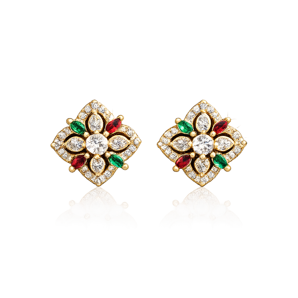 Alnkar Gold-Plated Floral CZ Stud Earrings with Ruby & Emerald Stones | Traditional Indian Designer Earrings for Women | Bridal, Wedding & Festive Jewelry