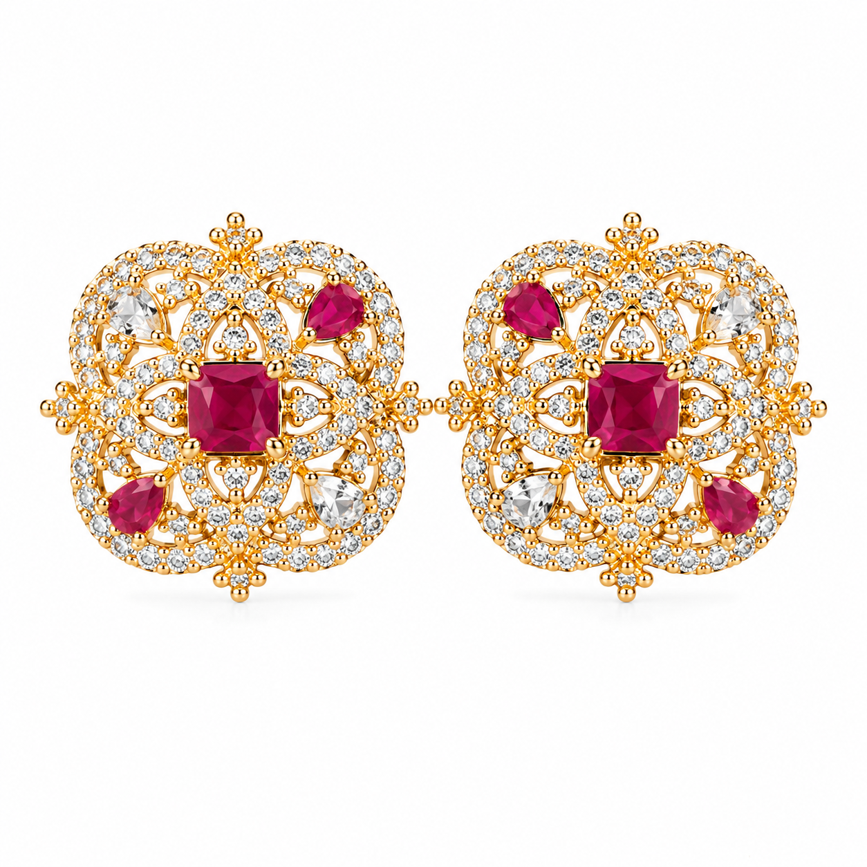 Alnkar Gold-Plated Floral CZ Stud Earrings with Ruby Pink Stones | Traditional Designer Party & Festive Earrings for Women - Image 2