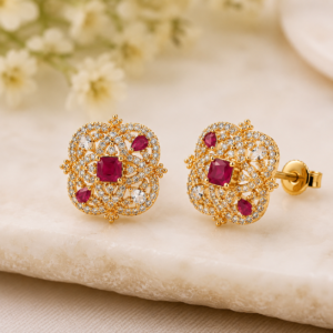 Alnkar Gold-Plated Floral CZ Stud Earrings with Ruby Pink Stones | Traditional Designer Party & Festive Earrings for Women