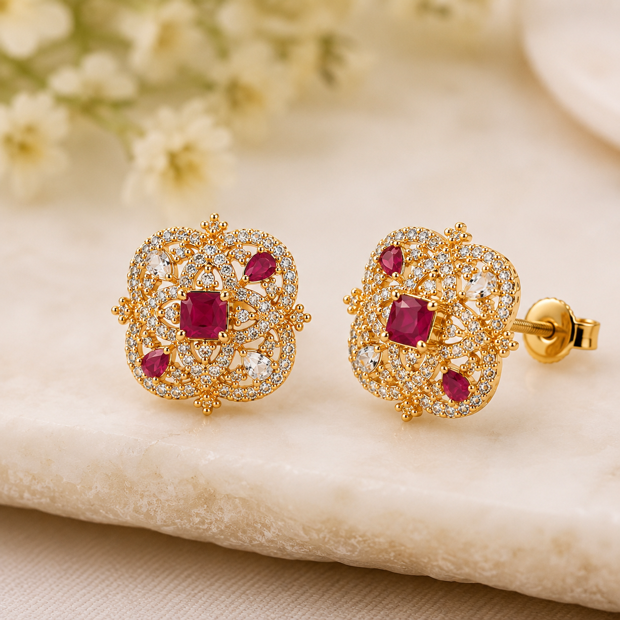 Alnkar Gold-Plated Floral CZ Stud Earrings with Ruby Pink Stones | Traditional Designer Party & Festive Earrings for Women