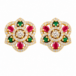 Gold Plated Floral CZ Ruby & Emerald Stud Earrings for Women | Traditional Indian Designer Earrings | Bridal & Festive Jewelry