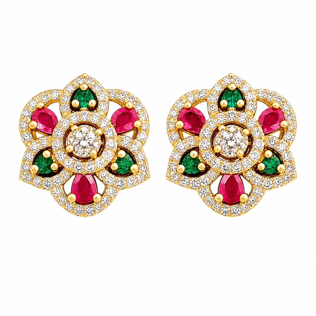 Gold Plated Floral CZ Ruby & Emerald Stud Earrings for Women | Traditional Indian Designer Earrings | Bridal & Festive Jewelry