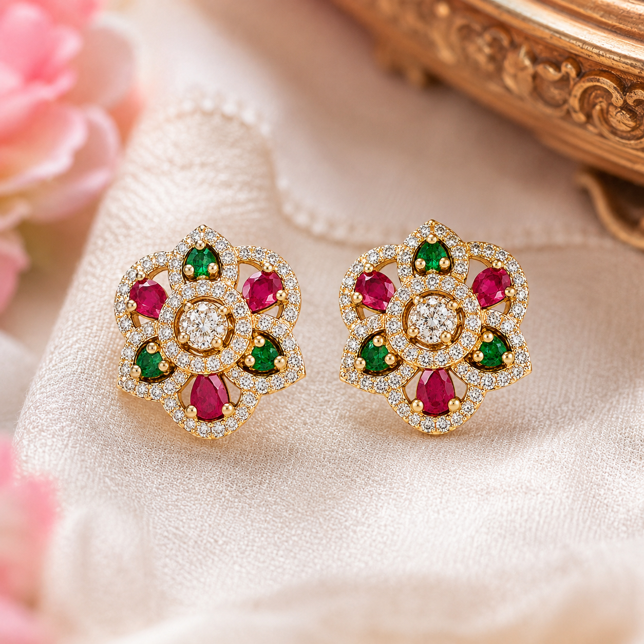 Gold Plated Floral CZ Ruby & Emerald Stud Earrings for Women | Traditional Indian Designer Earrings | Bridal & Festive Jewelry - Image 2