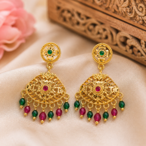 Gold Plated Traditional Filigree Dangle Earrings with Ruby & Emerald Beads | Designer Indian Ethnic Earrings for Women