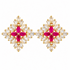 Gold Plated Ruby CZ Floral Stud Earrings for Women | Designer Crystal Statement Earrings | Bridal, Party & Festive Jewelry