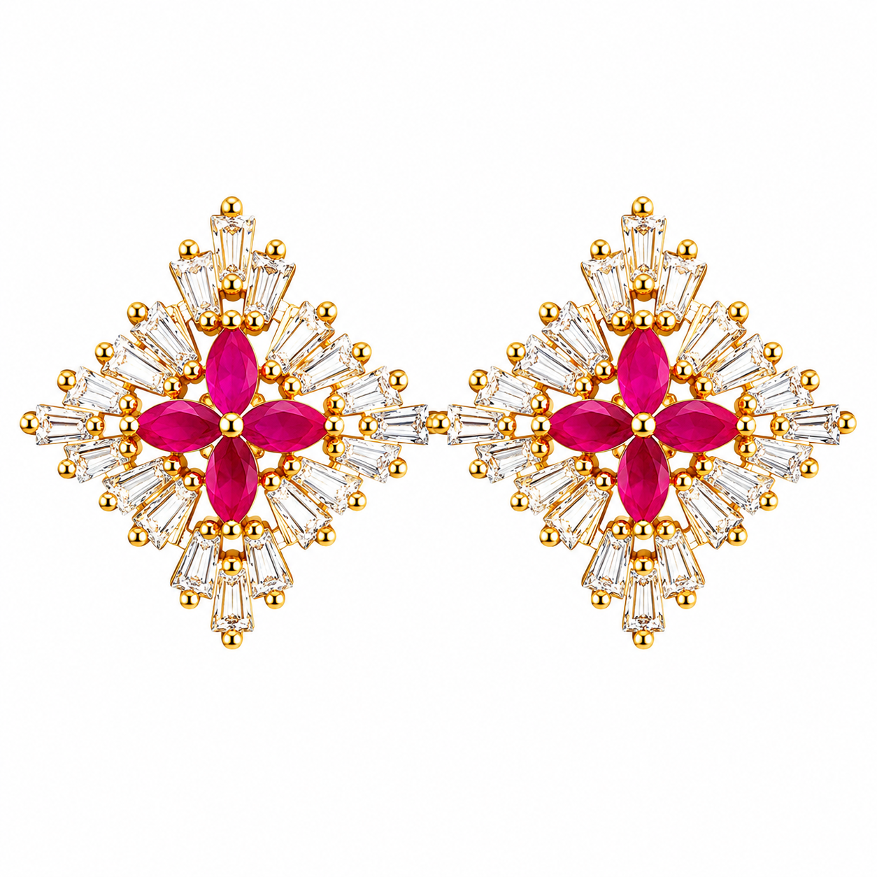 Gold Plated Ruby CZ Floral Stud Earrings for Women | Designer Crystal Statement Earrings | Bridal, Party & Festive Jewelry