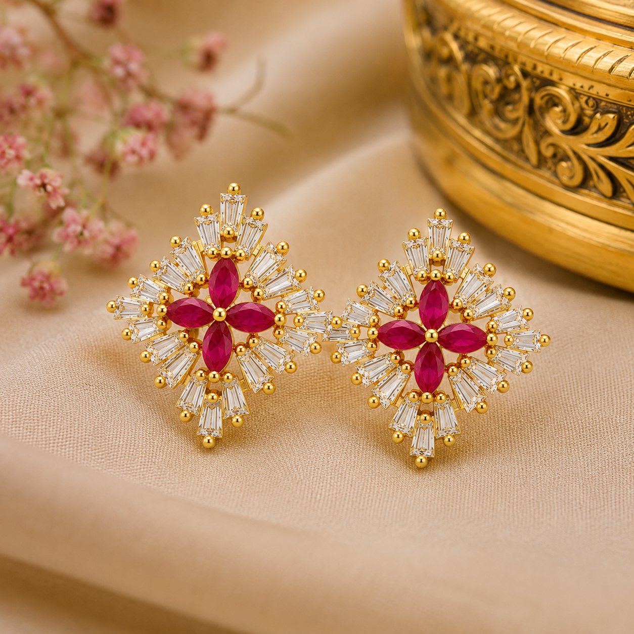 Gold Plated Ruby CZ Floral Stud Earrings for Women | Designer Crystal Statement Earrings | Bridal, Party & Festive Jewelry - Image 2
