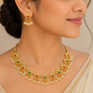 Traditional Gold-Tone Ruby Emerald & Pearl Necklace Earrings Set for Women | Indian Ethnic Wedding & Festive Jewelry