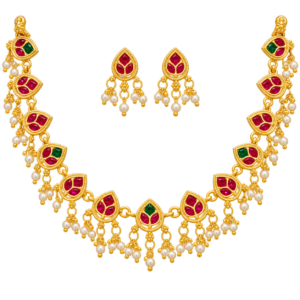 Traditional Gold-Tone Ruby & Emerald Necklace and Earrings Set with Pearl Drops | Indian Bridal Wedding Jewelry for Women