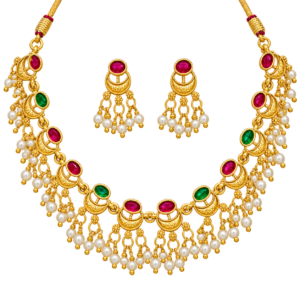 Traditional Gold-Tone Ruby & Emerald Necklace and Earrings Set with Pearl Drops | Indian Ethnic Wedding & Festive Jewelry for Women