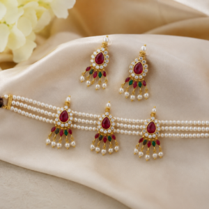 Traditional Pearl Choker Necklace with Ruby Red & Emerald Green Stones | Gold-Tone Kundan Style Indian Bridal Jewelry