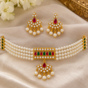 Traditional Pearl Choker Necklace & Earrings Set with Ruby Red, Emerald Green & CZ Stones | Gold-Tone Indian Bridal Jewelry