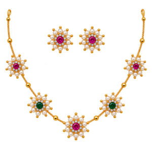 Traditional Multicolor Floral Pearl Necklace & Stud Earrings Set | Ruby Green Stone Gold-Tone Indian Jewelry for Women