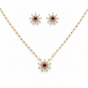 Pearl Beaded Floral Necklace & Stud Earrings Set with Ruby Red Stones | Traditional Gold-Tone Jewelry Set for Women