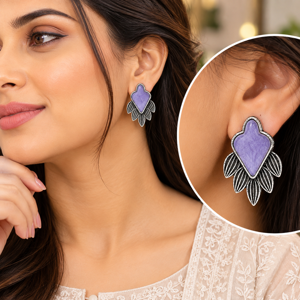 Purple Stone Oxidized Silver Leaf Stud Earrings – Boho Ethnic Statement Jewelry for Wome - Image 2