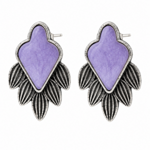 Purple Stone Oxidized Silver Leaf Stud Earrings – Boho Ethnic Statement Jewelry for Wome